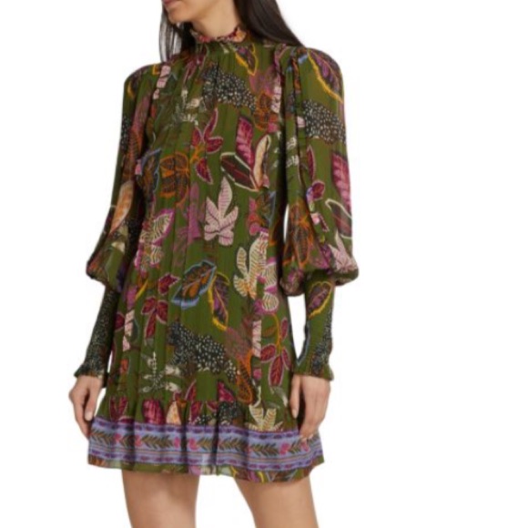 Farm Rio Olive Green Multicolor Long-Sleeve Floral Mini Dress